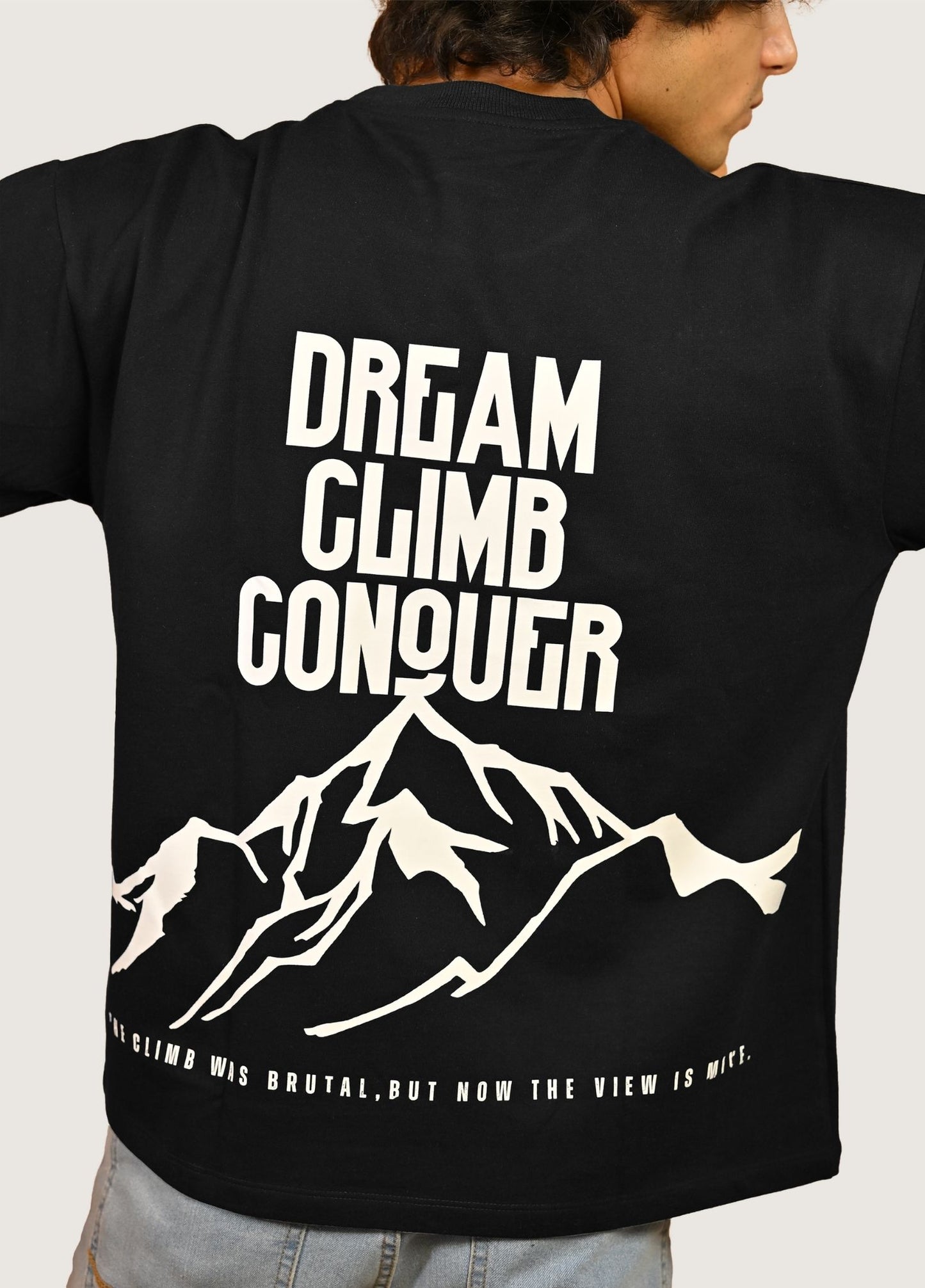 Dream, Climb, Conquer, Oversized Fit Black T-Shirt