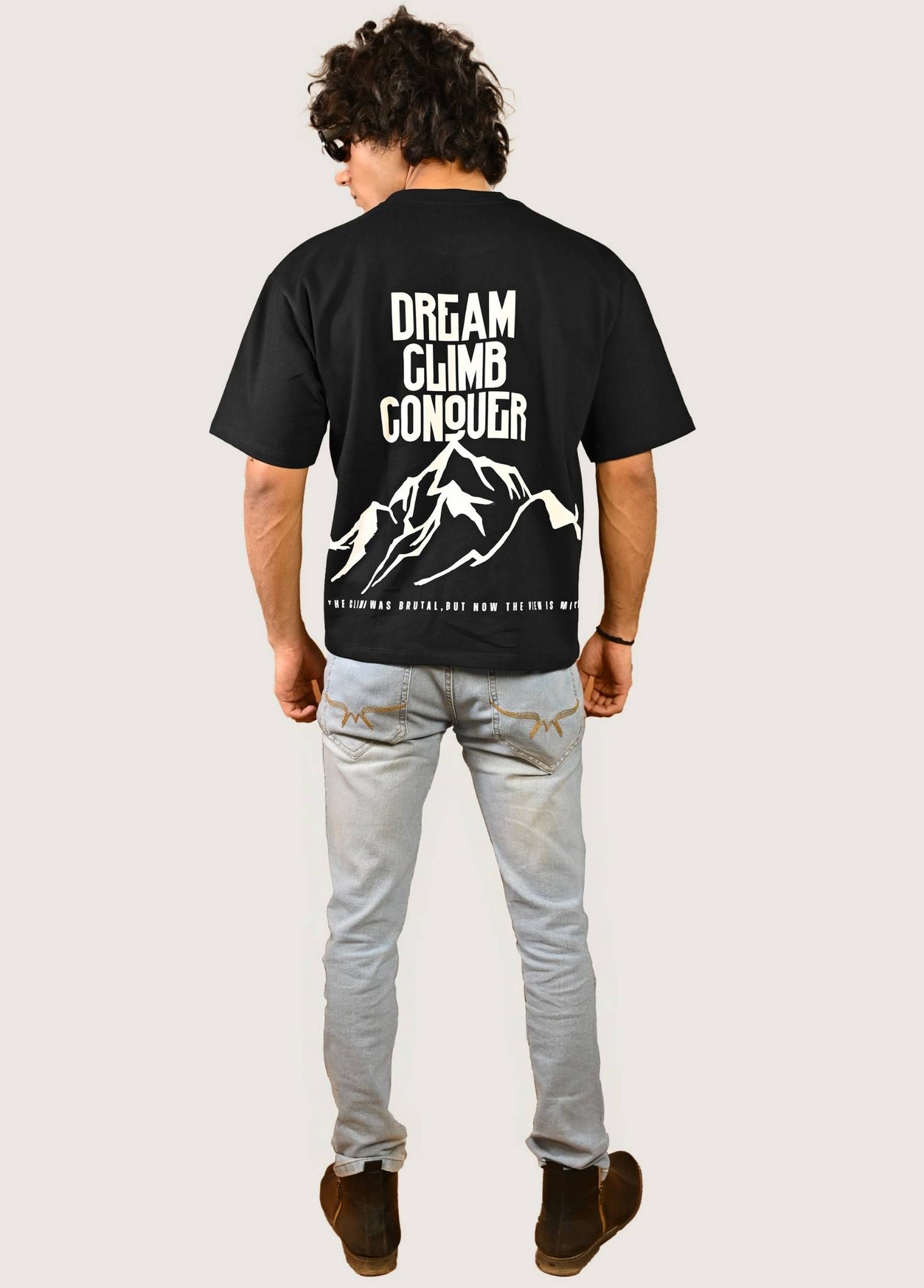 Dream, Climb, Conquer, Oversized Fit Black T-Shirt
