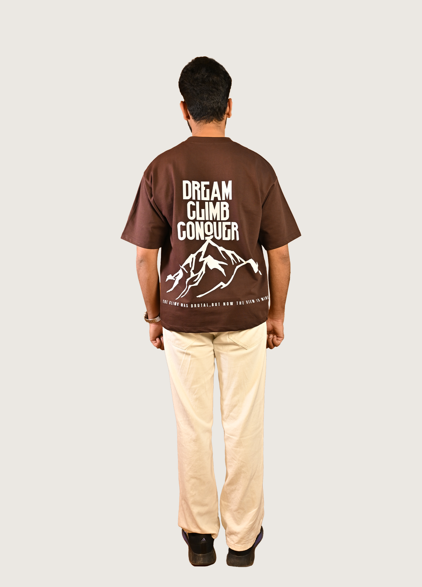 Dream, Climb, Conquer Oversized Fit Chocolate Brown T-Shirt